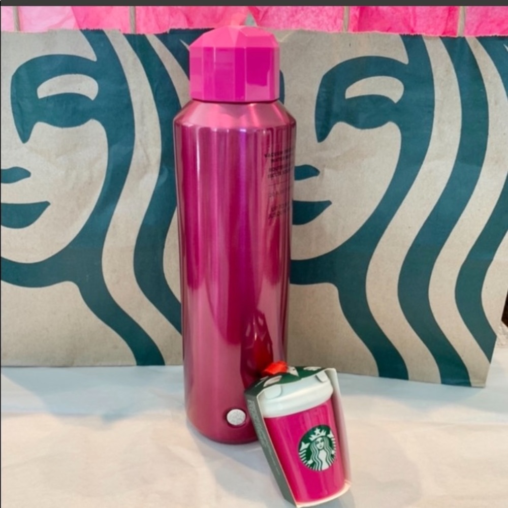 Starbucks NEW Hot Pink Jeweled Water Bottle and Pink Ornament Tumbler Bundle